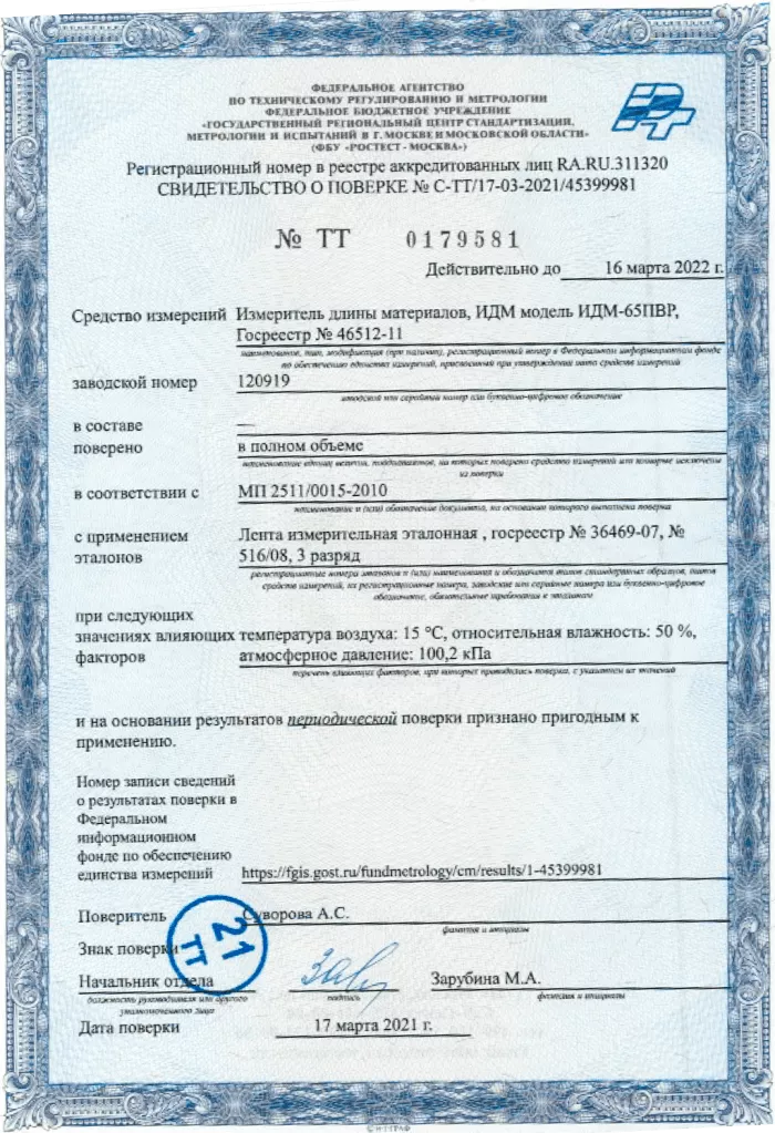 Свидетельство о поверке измерителей длины кабеля
