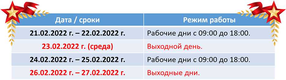 Режим работы в период с 21 по 27 февраля 2022 г.